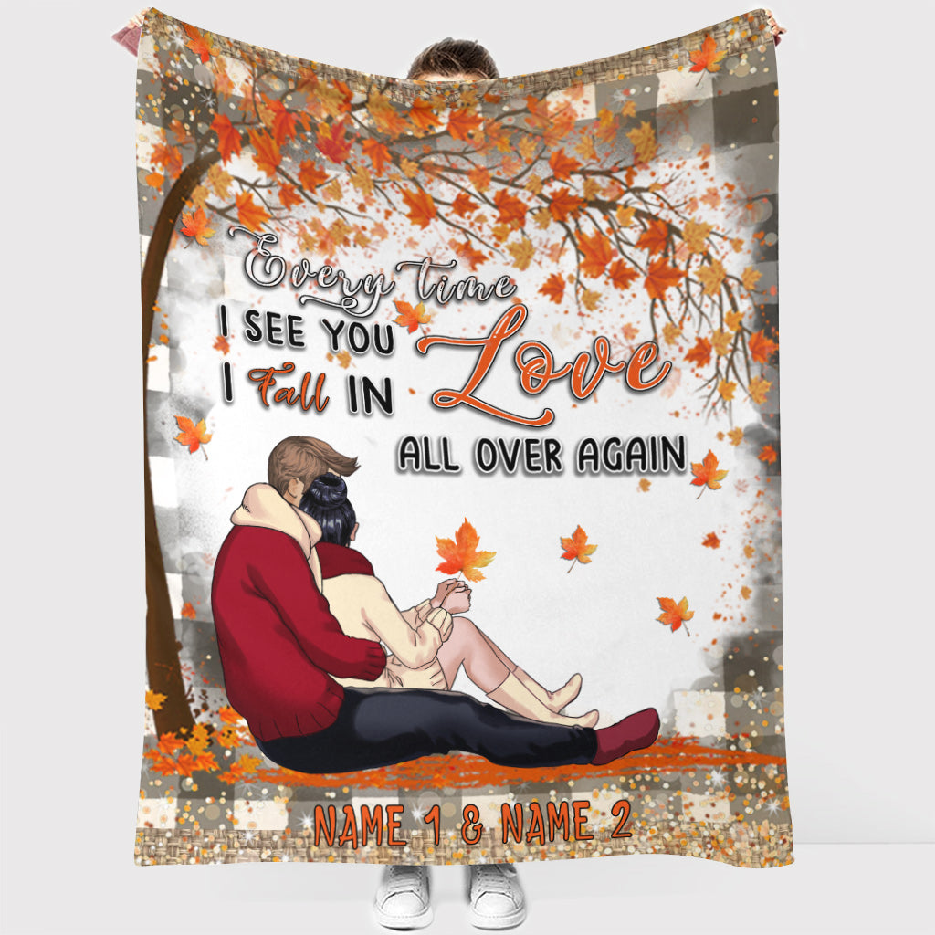 I Fall In Love All Over Again - Personalized Fall Couple Blanket