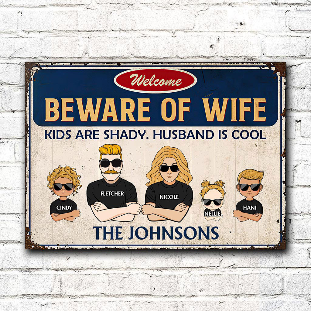 Beware Of Wife - Personalized Couple Rectangle Metal Sign