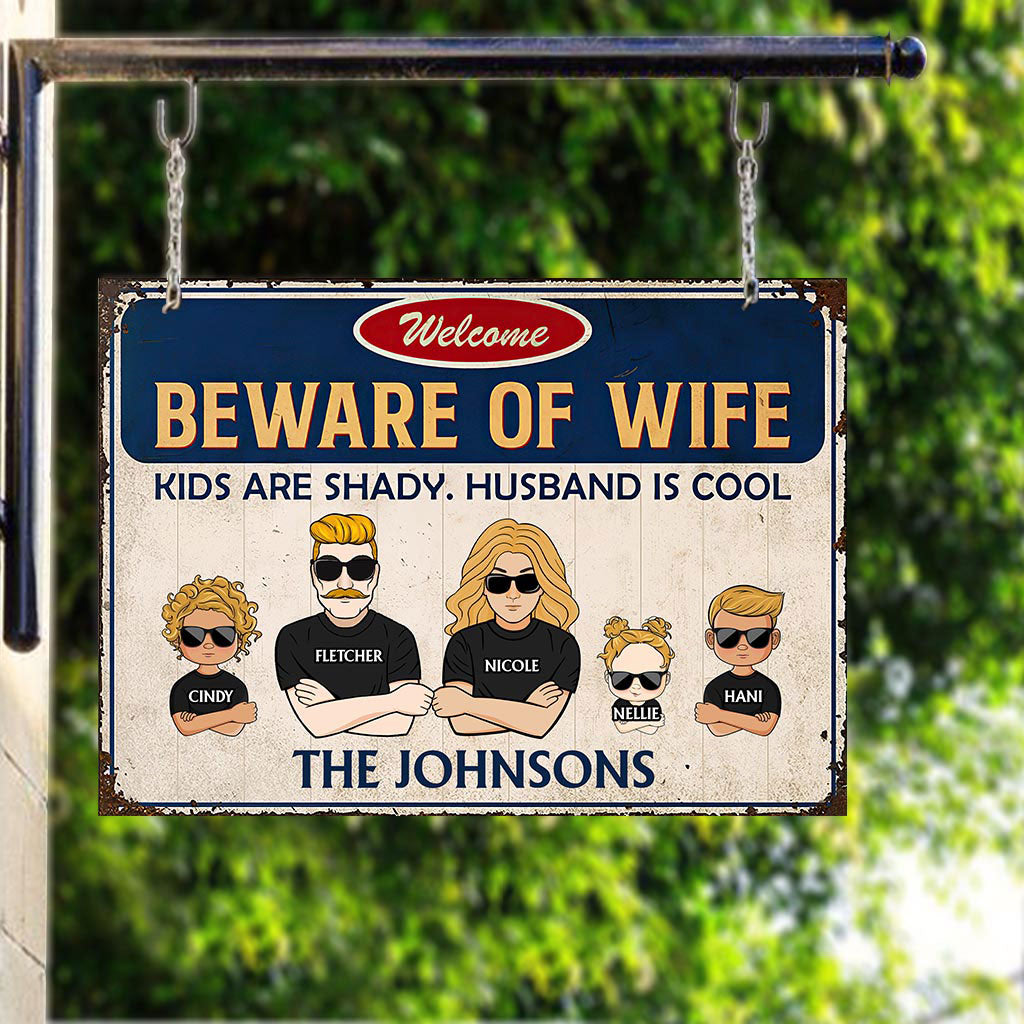 Beware Of Wife - Personalized Couple Rectangle Metal Sign