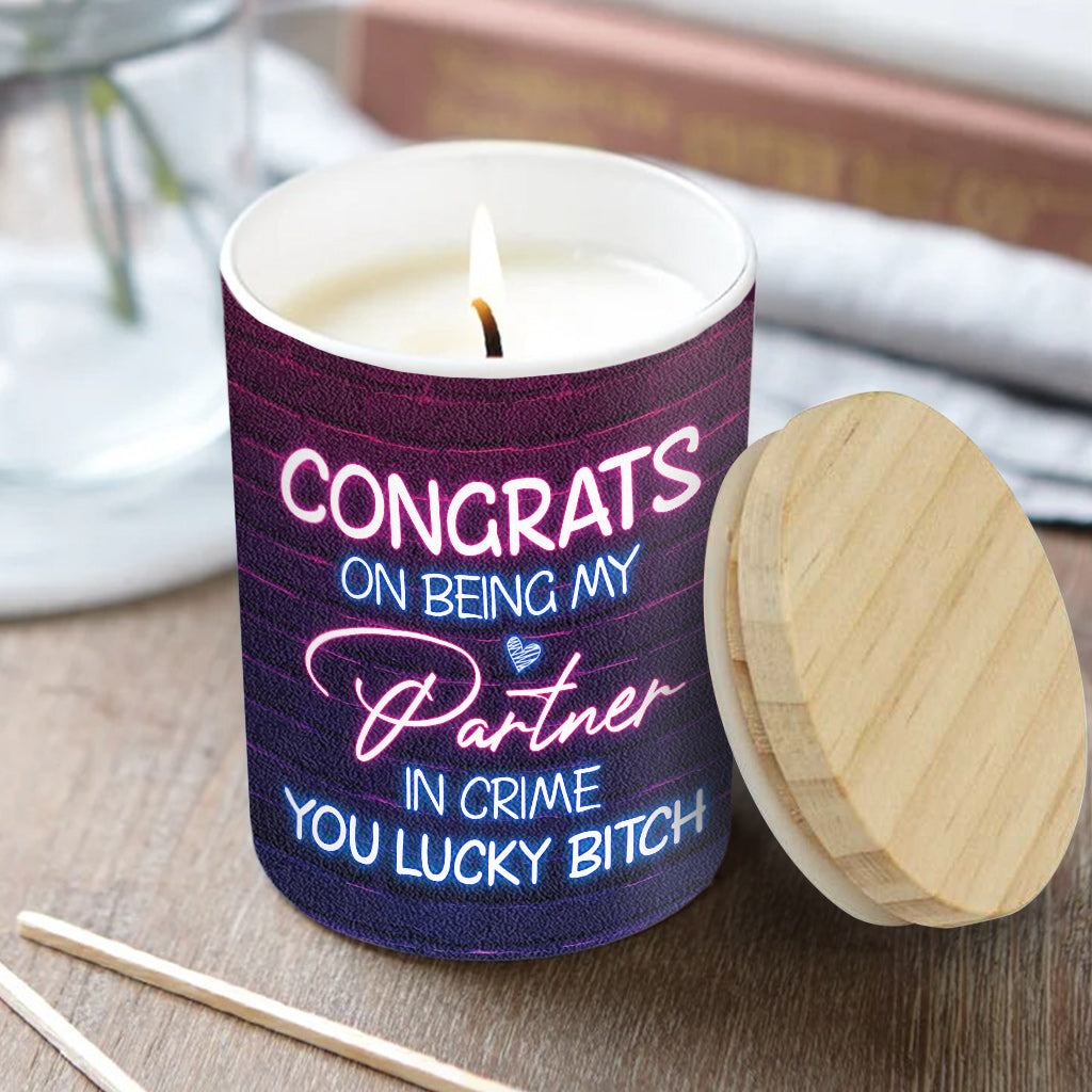 Congrats On Being My Partner In Crime - Gift for friend - Personalized Candle With Wooden Lid