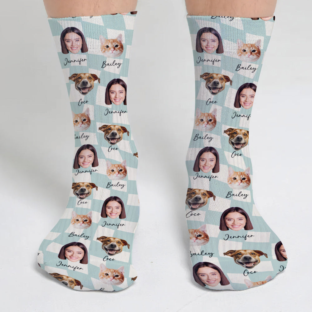 Any Photo Upload On Plaid Pattern With Many Background Color - Personalized Cat Socks