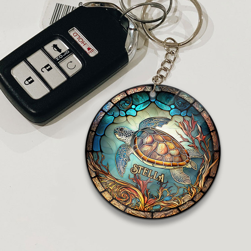 Stained Glass Turtle - Personalized Turtle Keychain (Printed On Both Sides)