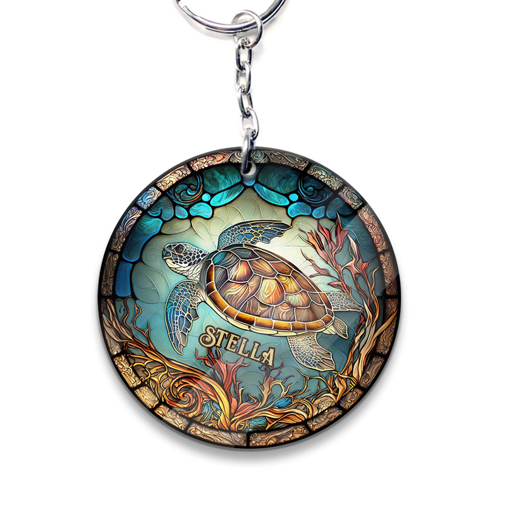Stained Glass Turtle - Personalized Turtle Keychain (Printed On Both Sides)
