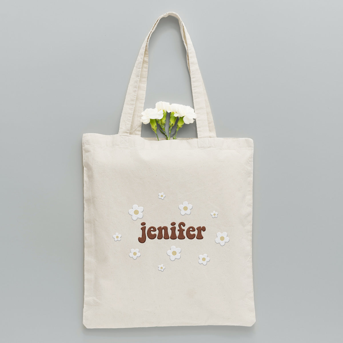 Custom Name With Flower - Personalized Sibling Embroidered Tote Bag