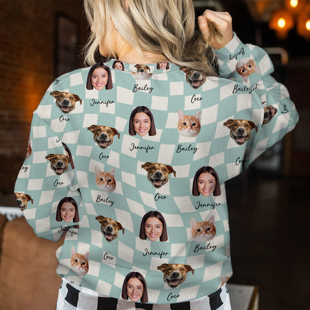 Any Photo Upload On Plaid Pattern With Many Background Color - Personalized Cat Ugly Sweater