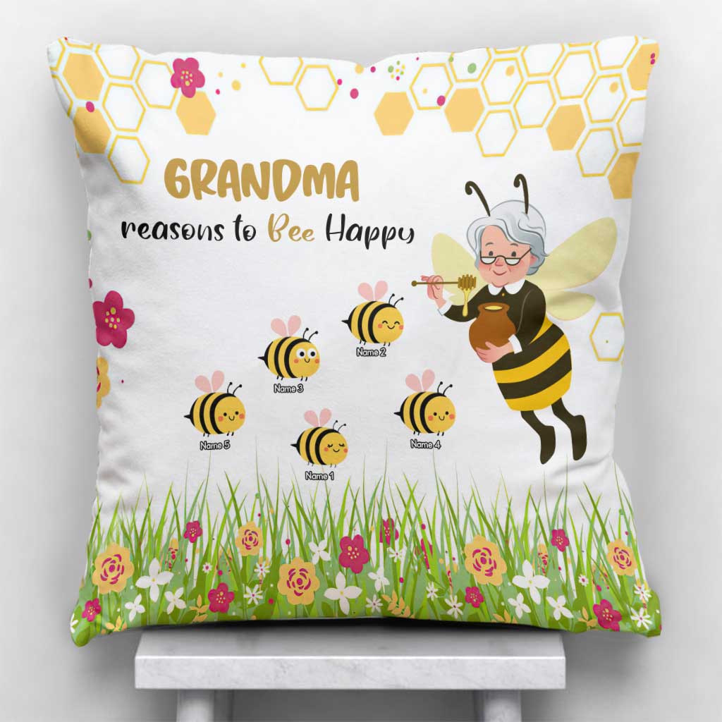 Grandma Reasons To Bee Happy - Personalized Mother's Day Throw Pillow