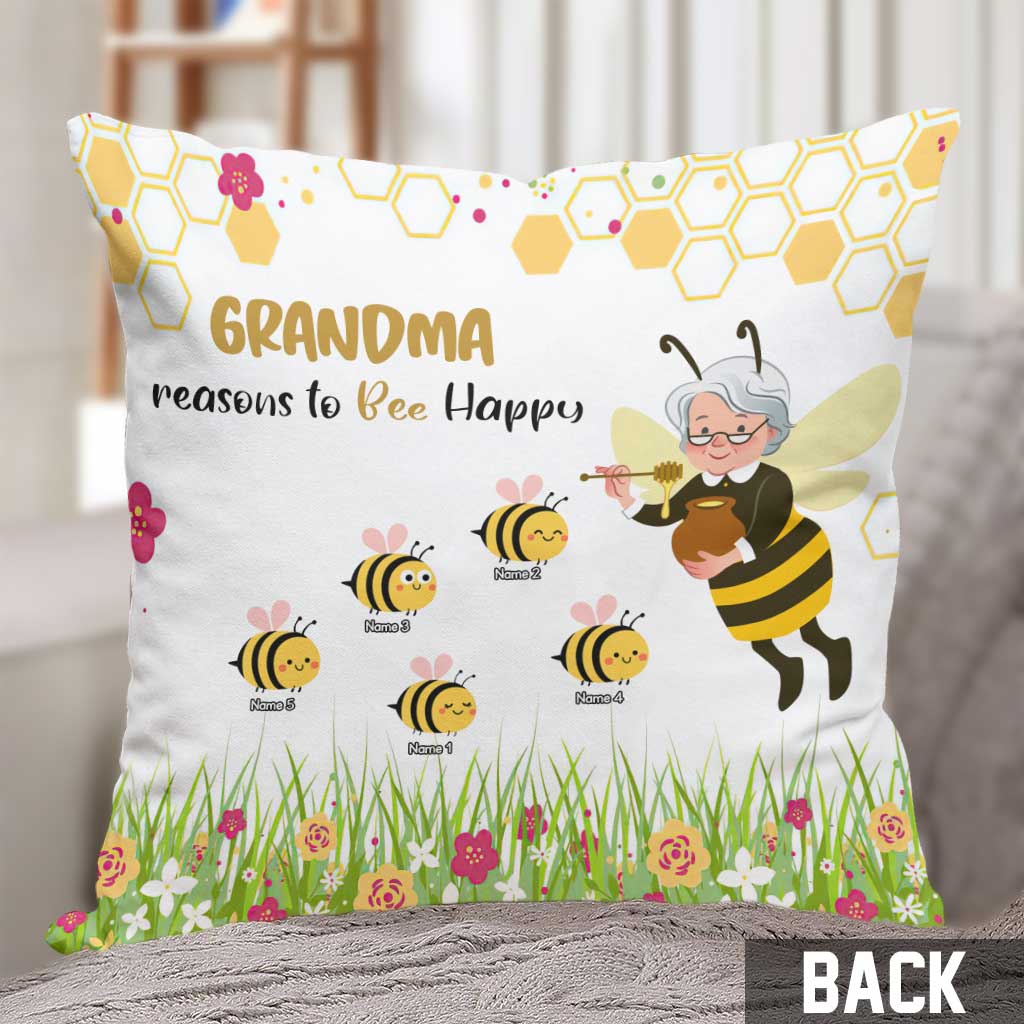 Grandma Reasons To Bee Happy - Personalized Mother's Day Throw Pillow