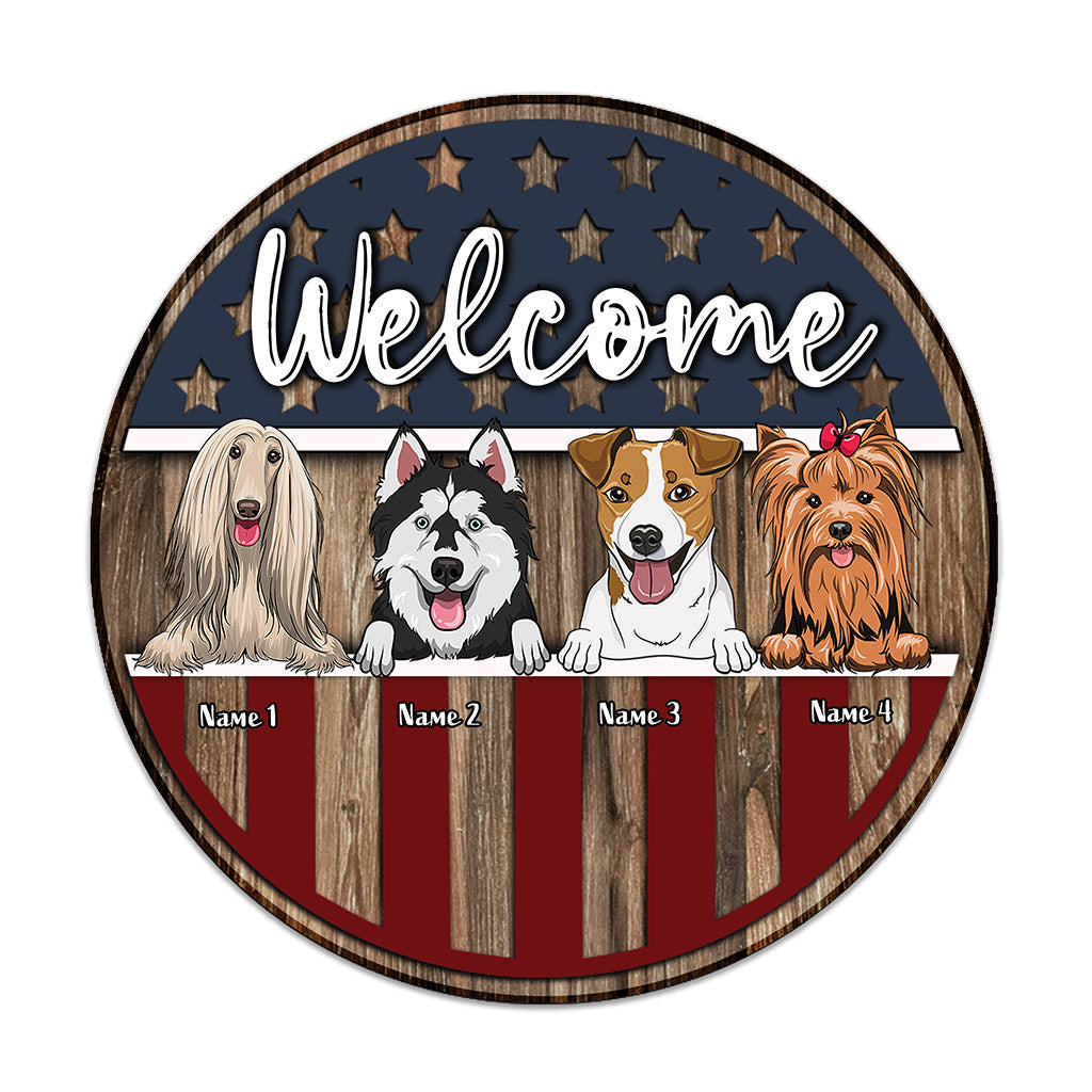 Welcome - Personalized Independence Day Dog Round Wood Sign