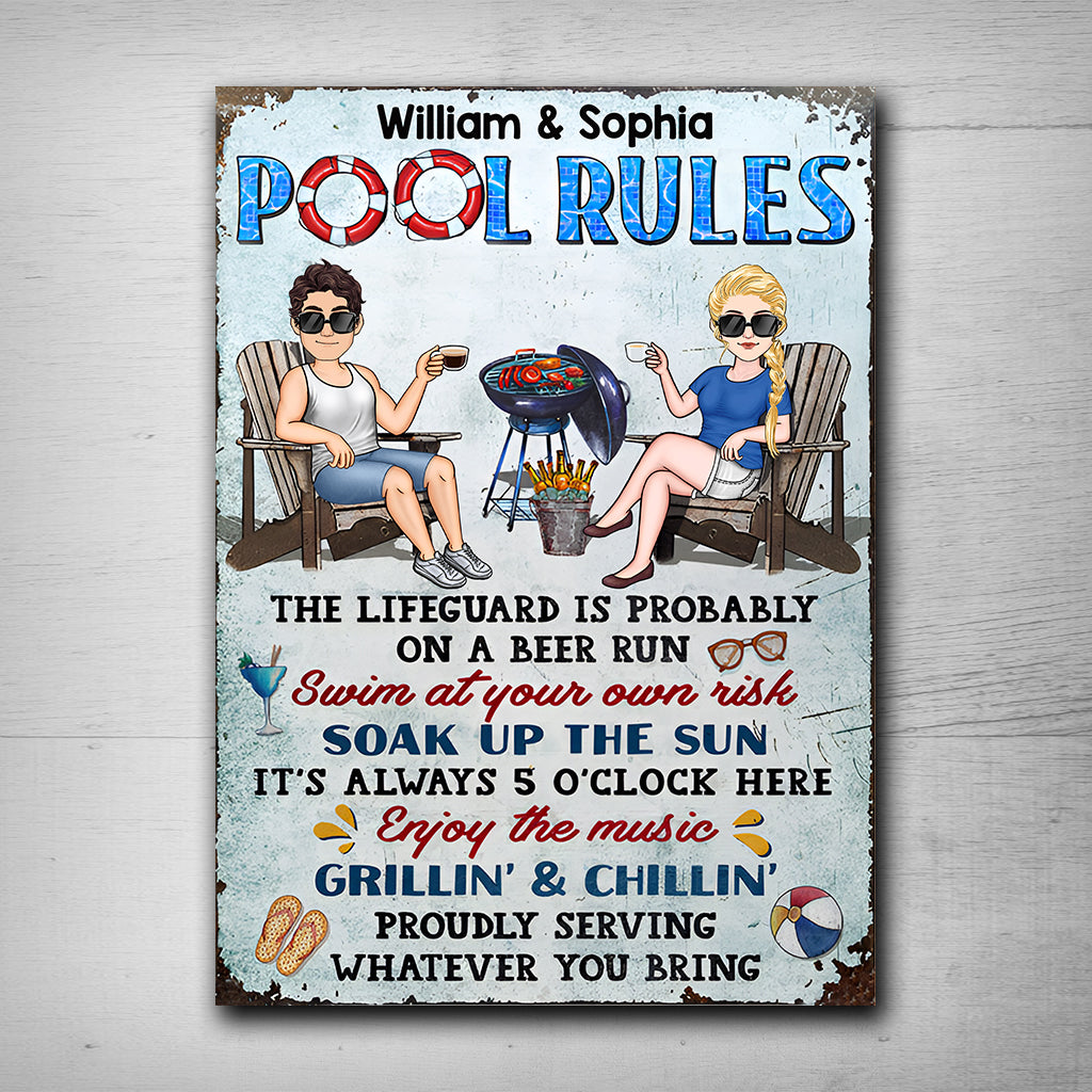 Pool Rules Swim At Your Own Risk - Personalized Backyard Rectangle Metal Sign