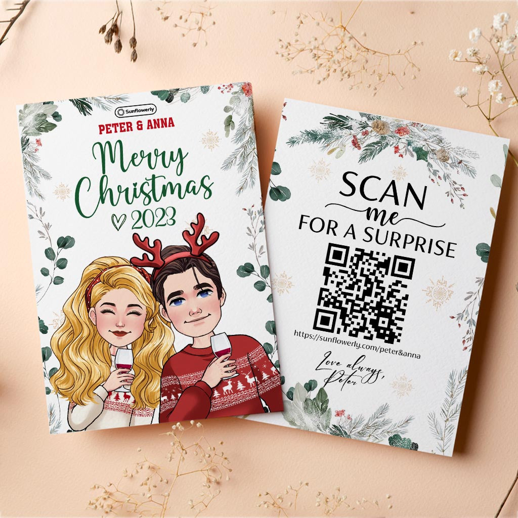 Custom Portraits Merry Christmas Card - Personalized QR Greeting Card