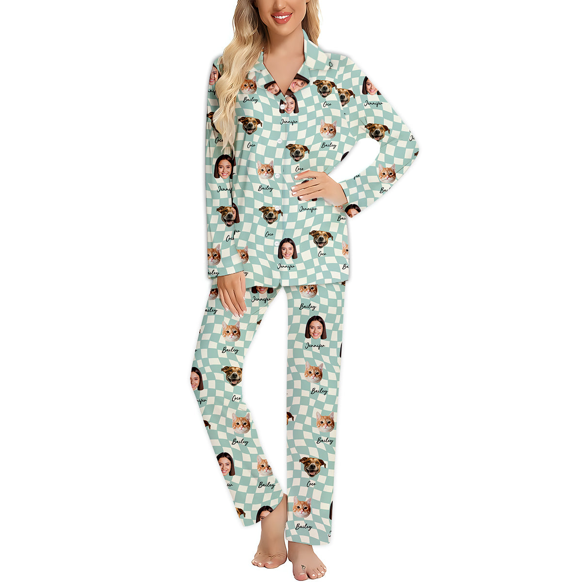 Any Photo Upload On Plaid Pattern With Many Background Color - Personalized Cat Button Down Pajamas