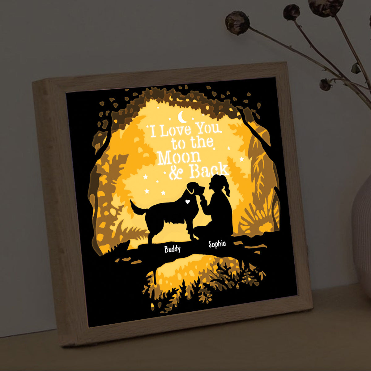 I Love You To The Moon And Back - Gift for dog lovers - Personalized Light Shadow Box