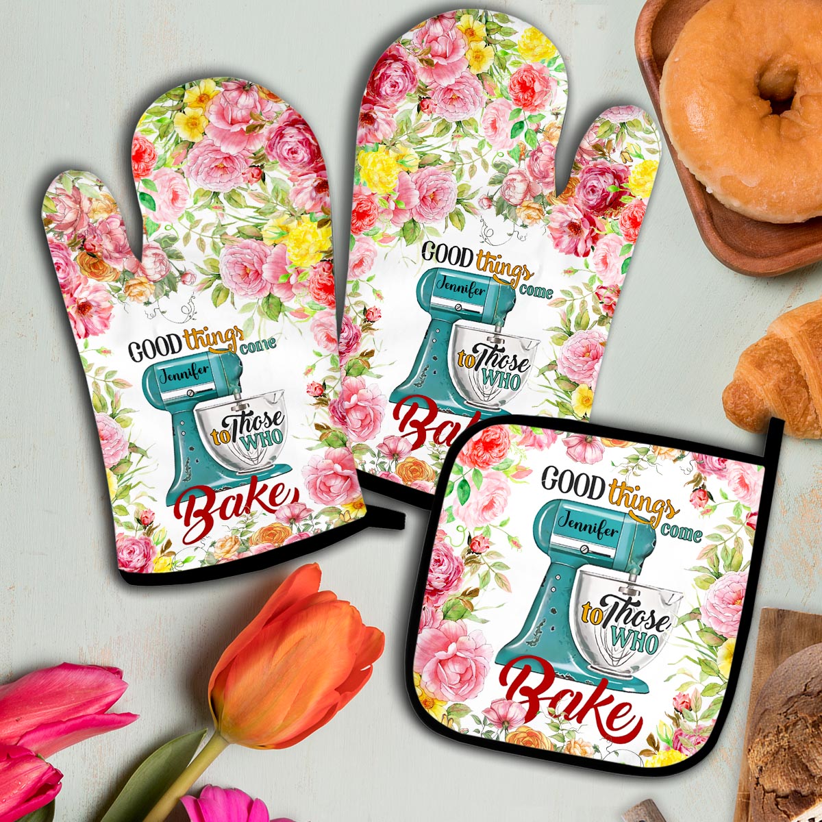 Love Baking - Personalized Baking Oven Mitts & Pot Holder Set