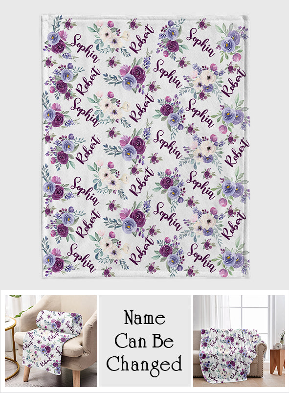 Custom Name Purple Flowers - Personalized Couple Blanket