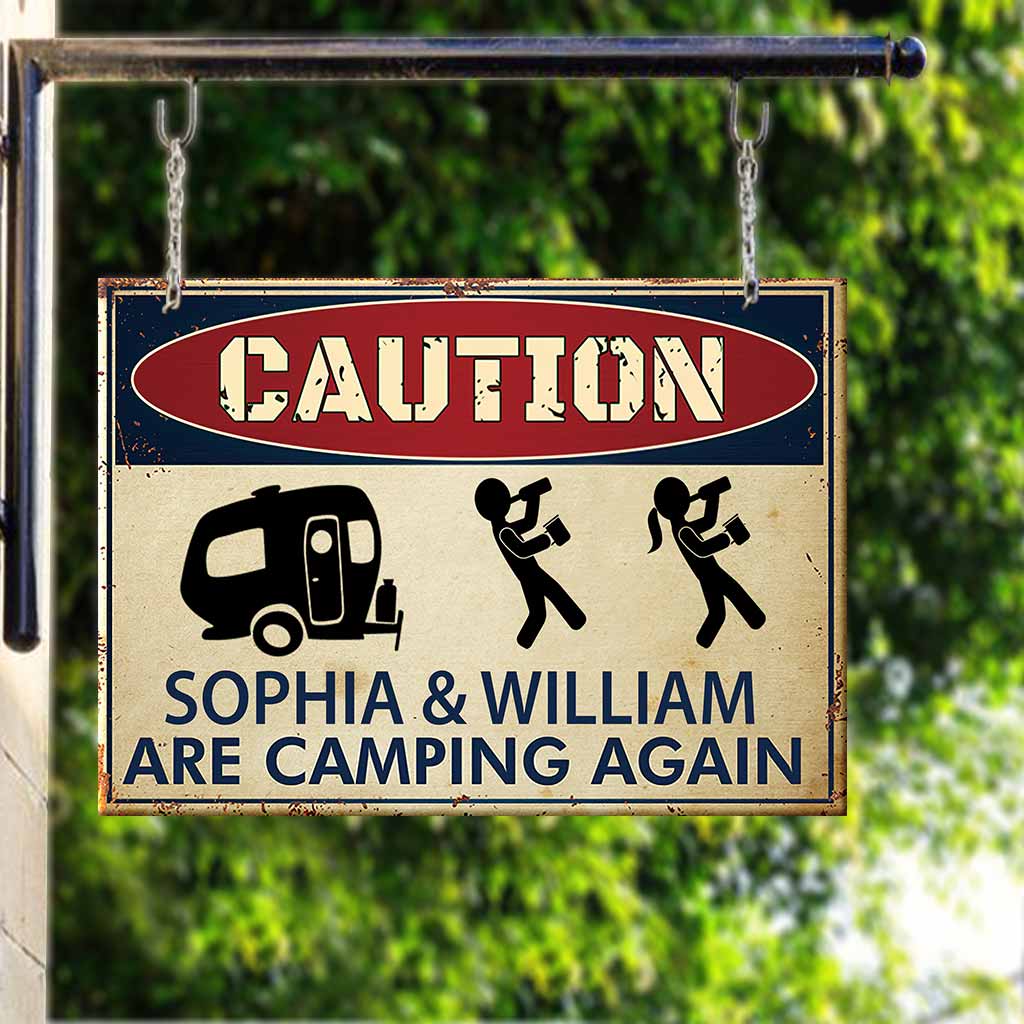 Caution Camping Again - Personalized Rectangle Metal Sign 1121