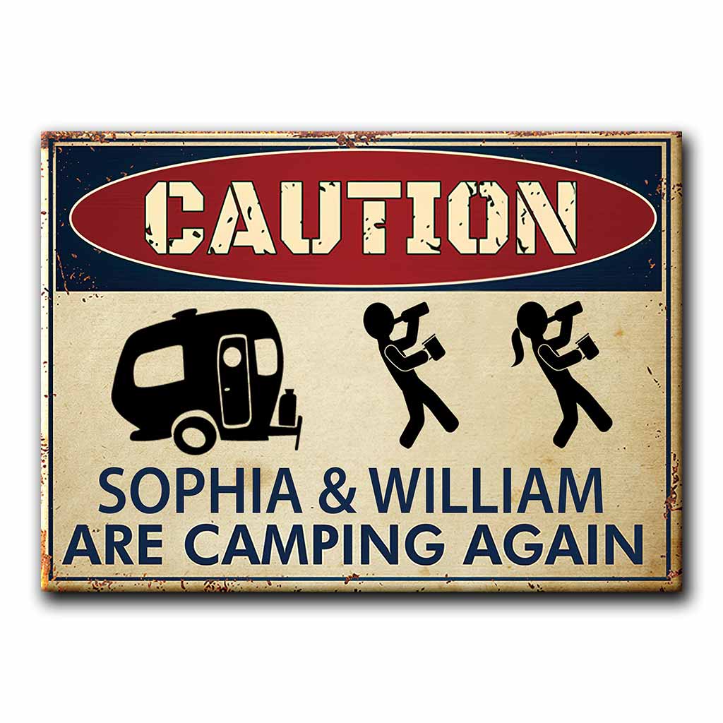 Caution Camping Again - Personalized Rectangle Metal Sign 1121