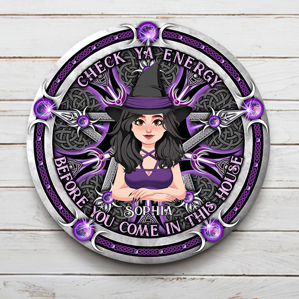 Check Ya Energy - Personalized Witch Round Metal Sign