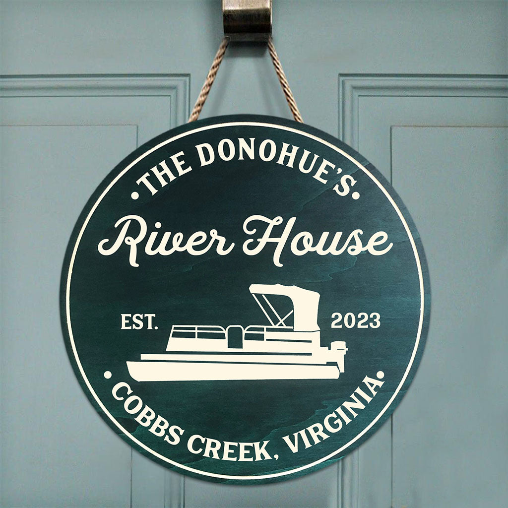 River House - Personalized Pontoon Round Wood Sign