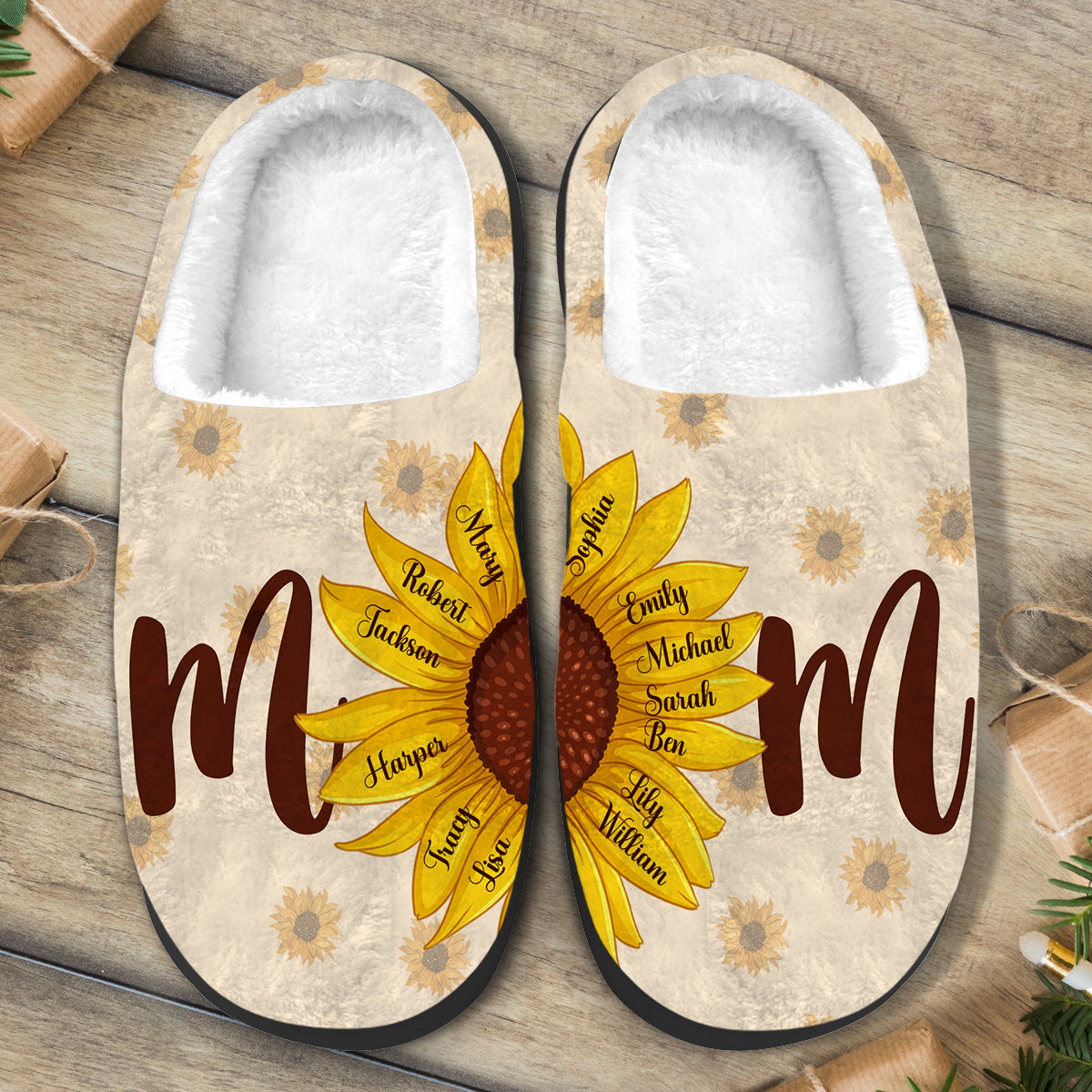 Mother And Children Sunflower And Butterflies - Personalized Mother Slippers