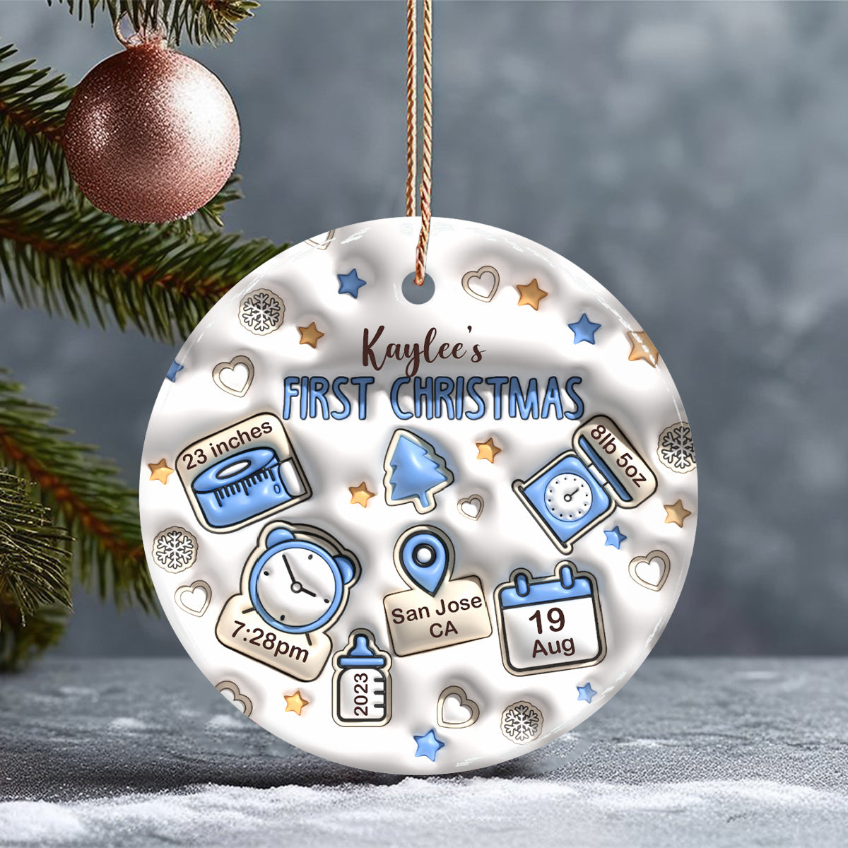 Inflated Baby Birth Stats - Gift for Newborn, mom, dad, grandson, granddaughter - Personalized Ceramic Circle Ornament