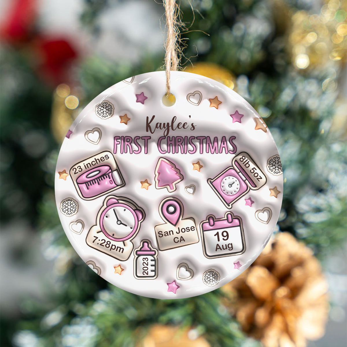 Inflated Baby Birth Stats - Gift for Newborn, mom, dad, grandson, granddaughter - Personalized Ceramic Circle Ornament