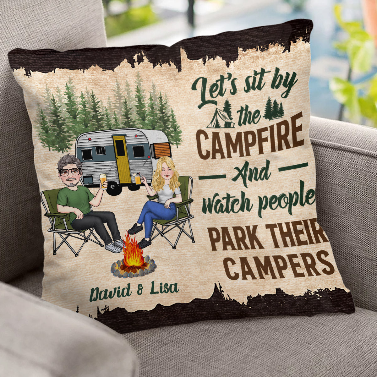 Let's Sit By The Campfire - Personalized Camping Throw Pillow