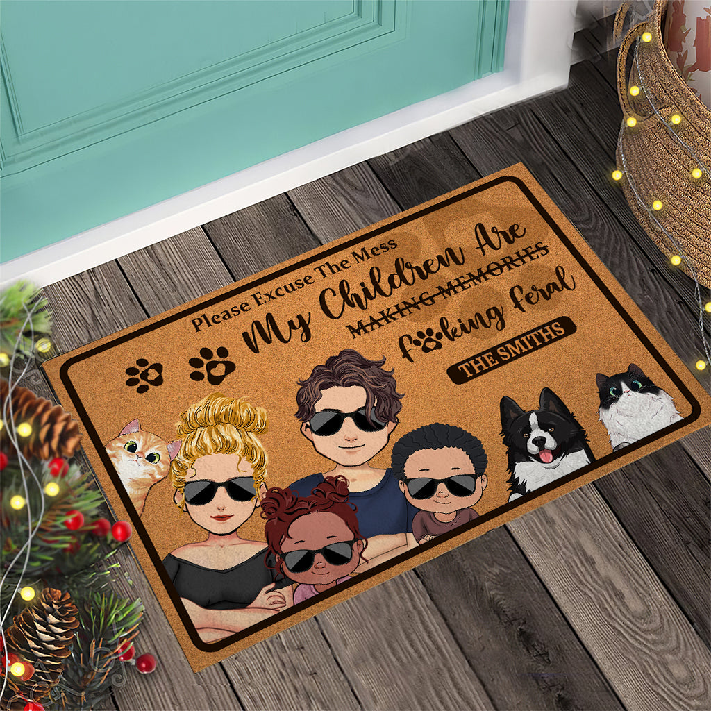 Please Excuse The Mess My Children Are Feral - Personalized Family Doormat