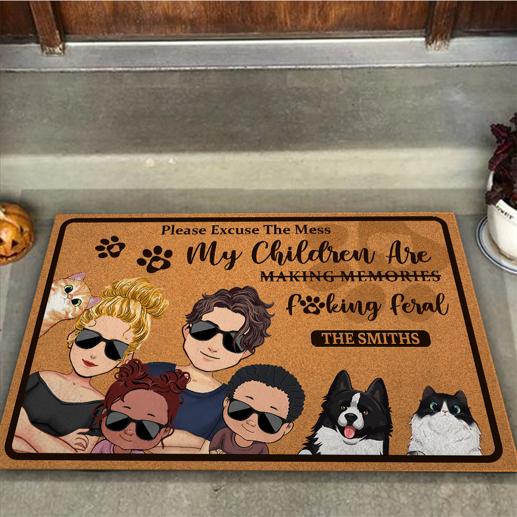 Please Excuse The Mess My Children Are Feral - Personalized Family Doormat