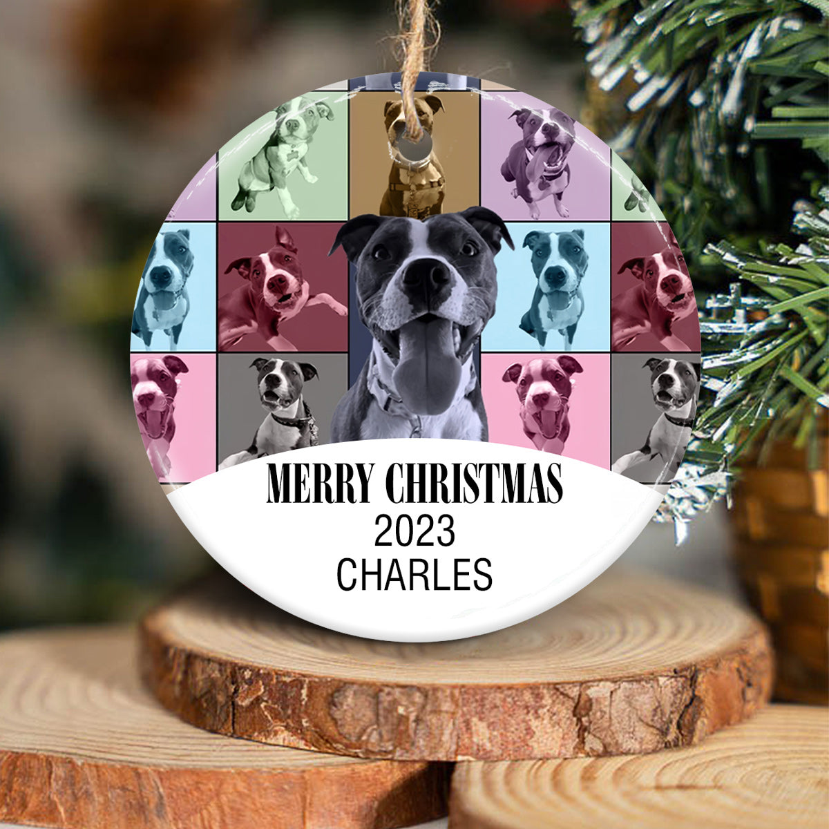 Merry Christmas Version - Personalized Dog Ceramic Circle Ornament