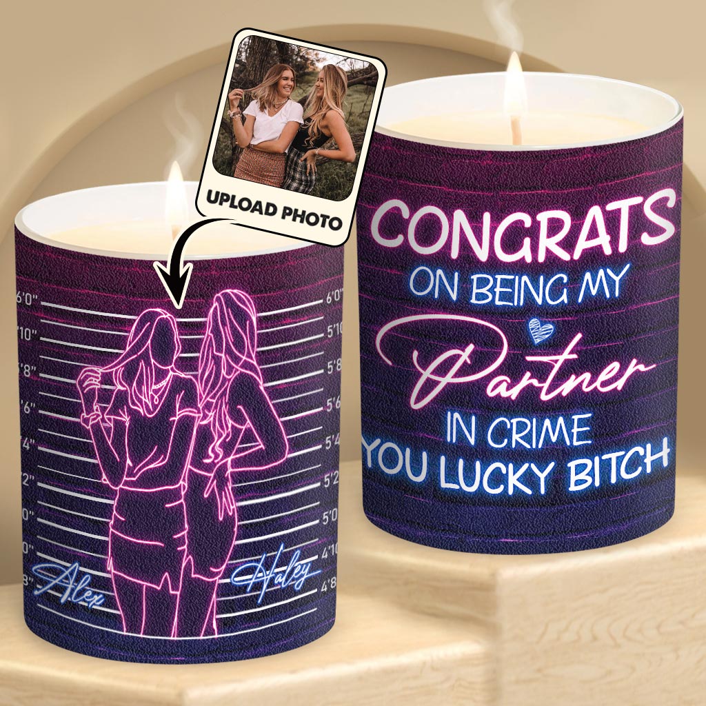 Congrats On Being My Partner In Crime - Gift for friend - Personalized Candle With Wooden Lid