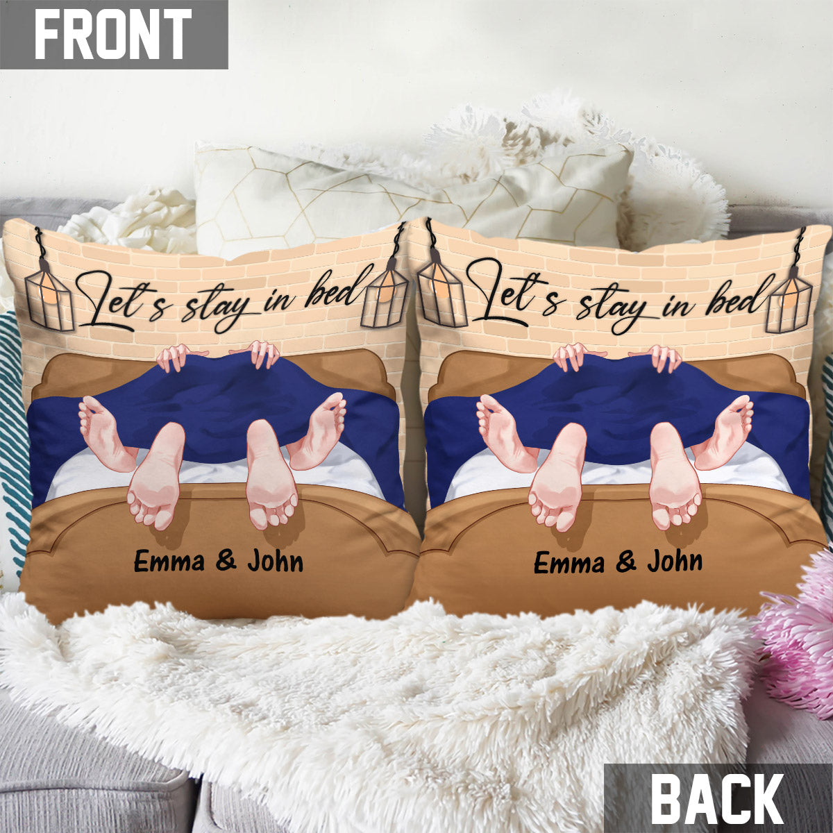 Let's Stay In Bed - Personalized Couple Throw Pillow