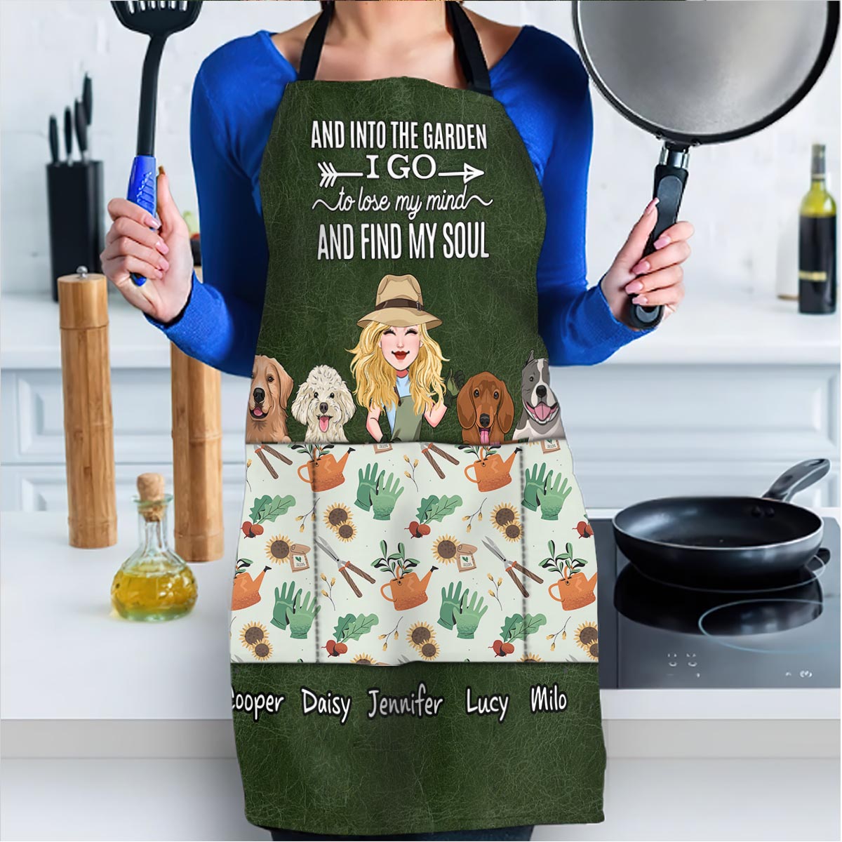 And Into The Garden I Go - Gardening gift for mom, wife, her, girlfriend, grandma, dog lover, cat lover - Personalized Apron