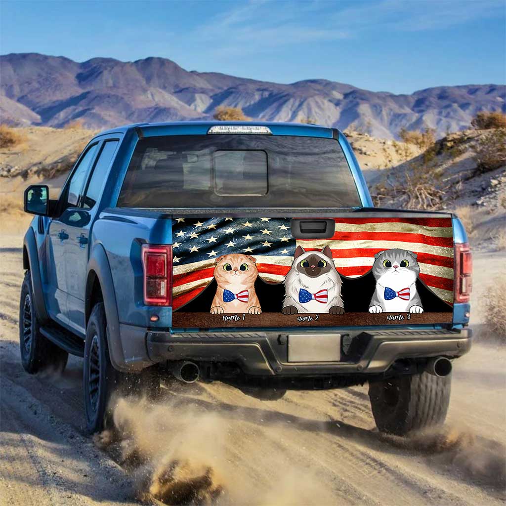 Red, White And Blue Cats - Personalized Independence Day Cat Truck Tailgate Decal