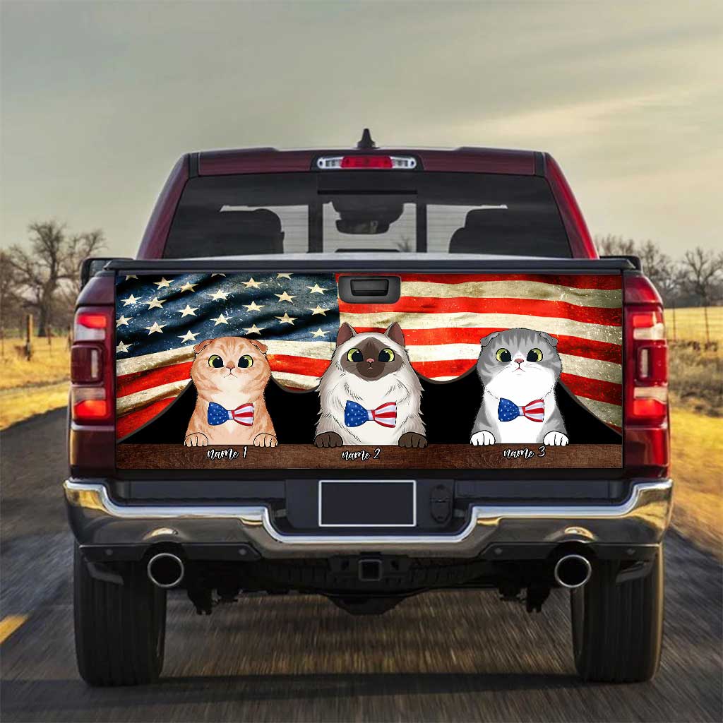 Red, White And Blue Cats - Personalized Independence Day Cat Truck Tailgate Decal