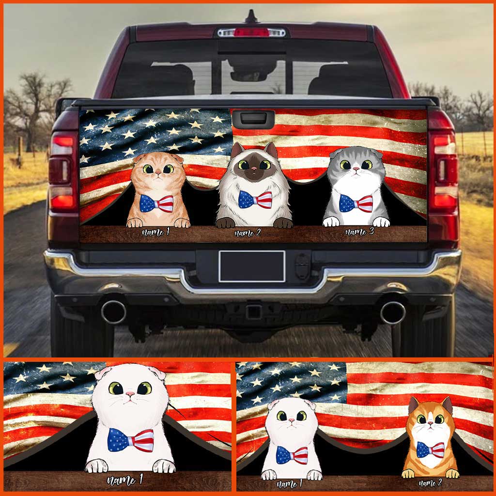 Red, White And Blue Cats - Personalized Independence Day Cat Truck Tailgate Decal