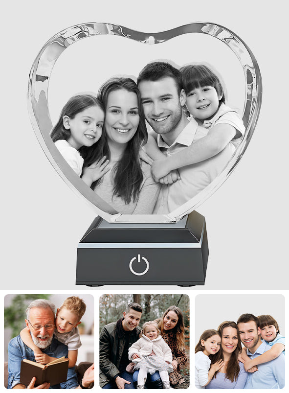 Custom Photo - Personalized Family Laser Engraving 3D Heart Shaped Crystal Lamp