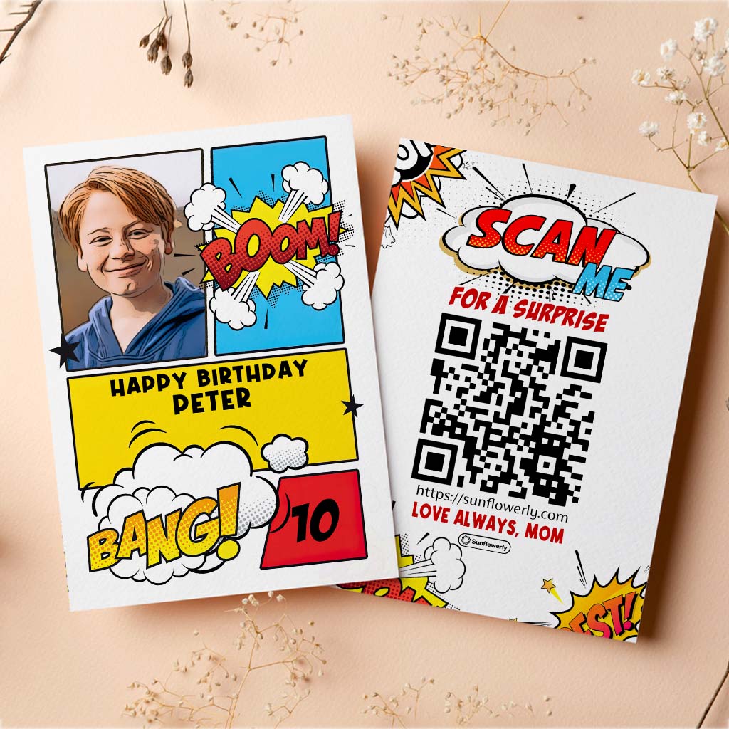 Birthday Comic Book Photo Upload - Personalized QR Greeting Card