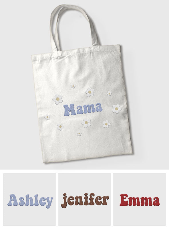 Custom Name With Flower - Personalized Mother Embroidered Tote Bag