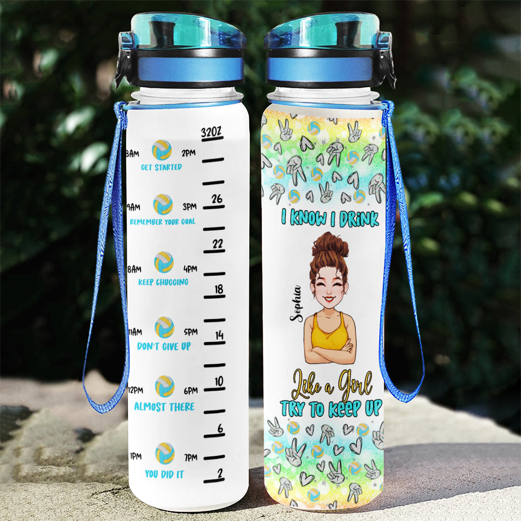 Like A Girl Try To Keep Up - Personalized Volleyball Water Tracker Bottle