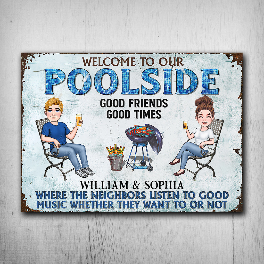 Welcome To Our Poolside - Personalized Backyard Rectangle Metal Sign
