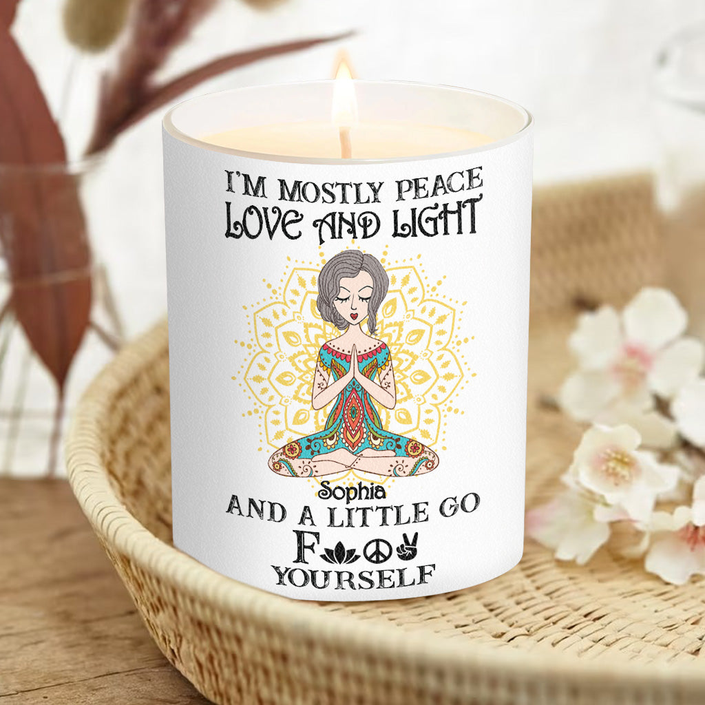 I’m Mostly Peace Love And Light - Personalized Yoga Candle With Wooden Lid