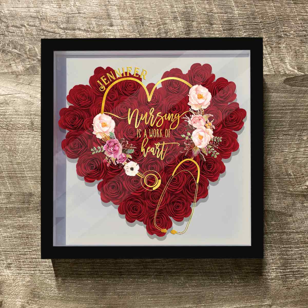 Nursing Is A Work Of Heart - Personalized Nurse Flower Shadow Box