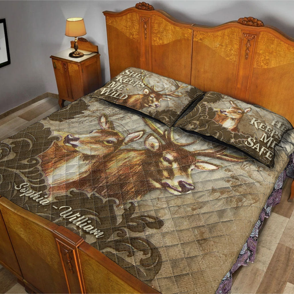 She Keeps Me Wild He Keeps Me Safe - Personalized Couple Hunting Quilt Set