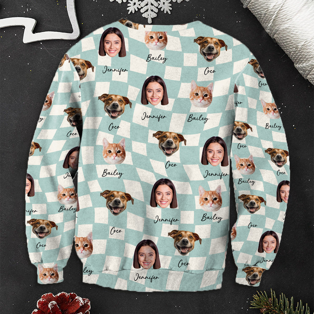 Any Photo Upload On Plaid Pattern With Many Background Color - Personalized Cat Ugly Sweater