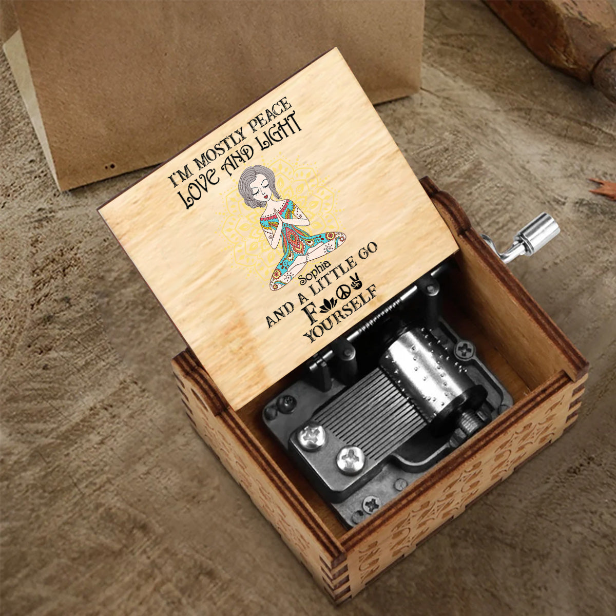 I’m Mostly Peace Love And Light - Personalized Yoga Hand Crank Music Box