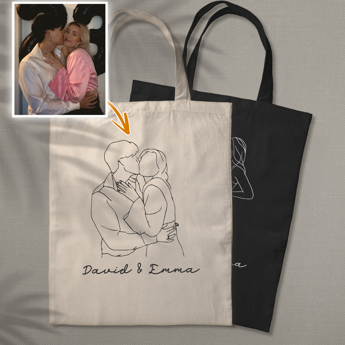 Custom Photo Line Art - Personalized Couple Embroidered Tote Bag