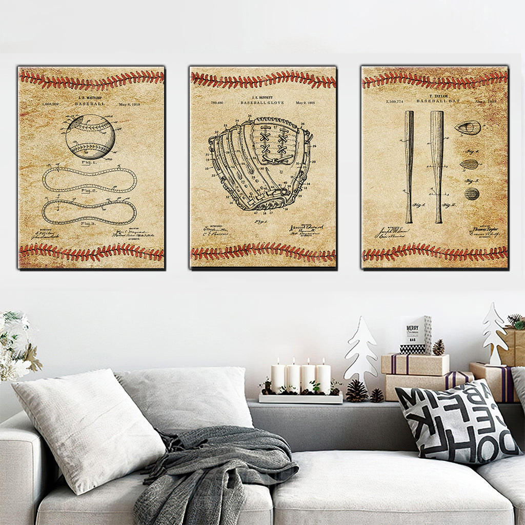 Vintage Baseball Art Baseball Poster & Canvas Set