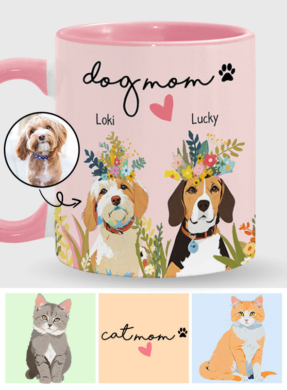 Personalized Dog And Cat Among Flowers - Gift for dog lovers, dog lover, cat lover - Personalized Accent Mug