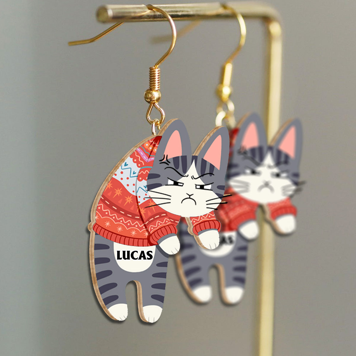 Custom Hanging Cats - Gift for cat lovers - Personalized Wooden Earrings