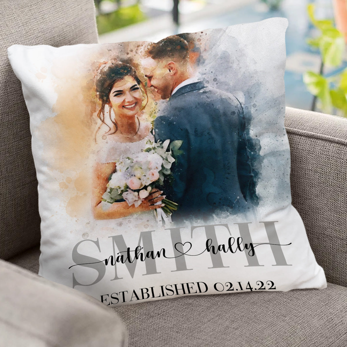 Custom Watercolor Painting Wedding Gift - Personalized wedding Throw Pillow